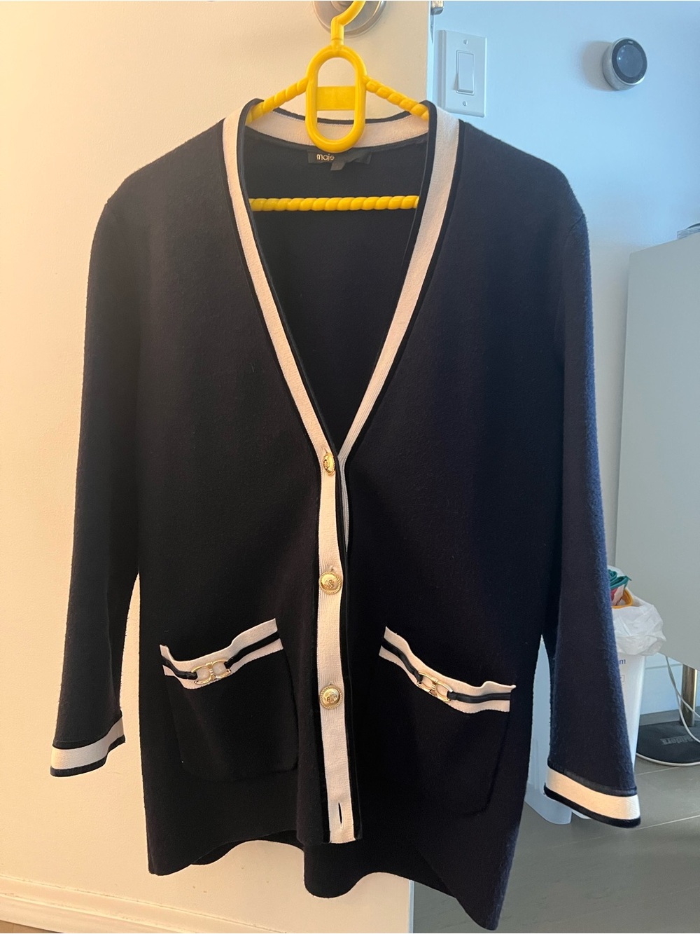 Maje Navy and White Trim Women's Cardigan Sweater